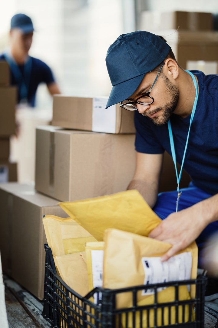 Delivery man sorting small parcels