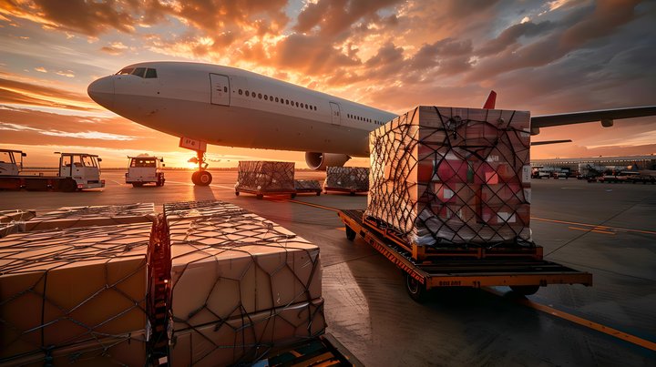 Loading Cargo Onto a Plane: International Freight Transport at an Airport.